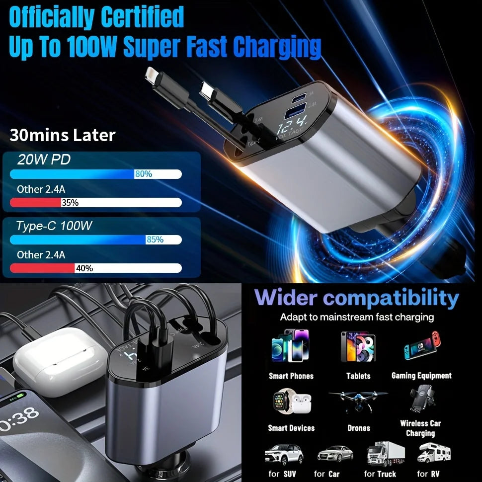 Retractable Car Charger, 4 in 1 Fast Charging Car Charger 120W, Retractable Cable and 2 USB Ports Car Charger Adapter Compatible