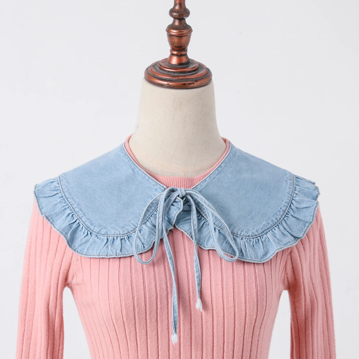 Women's Washed Denim Shawl Collar with Pleated Lace and Fashionable Fake Collar