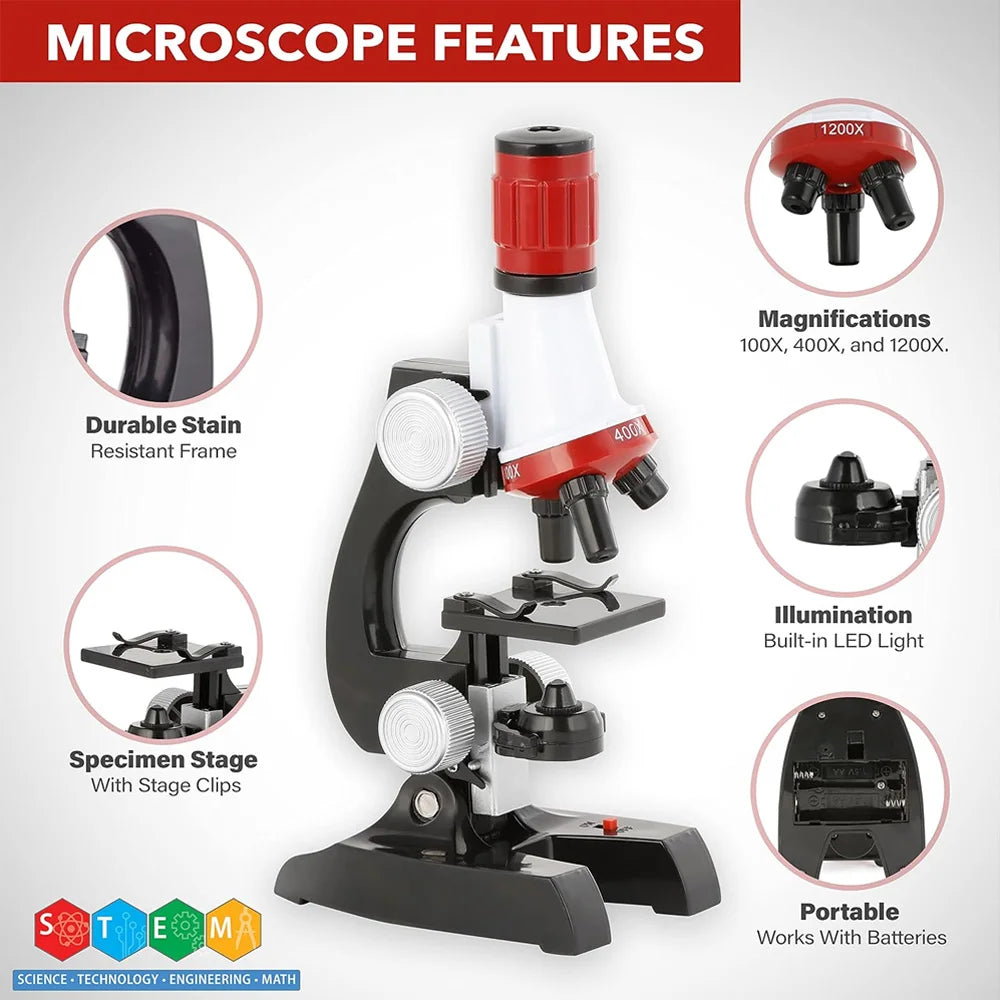 Science Kits For Kids Beginner Microscope With LED 100X 400X 1200X Home School Science Educational Toy Birthday Gift