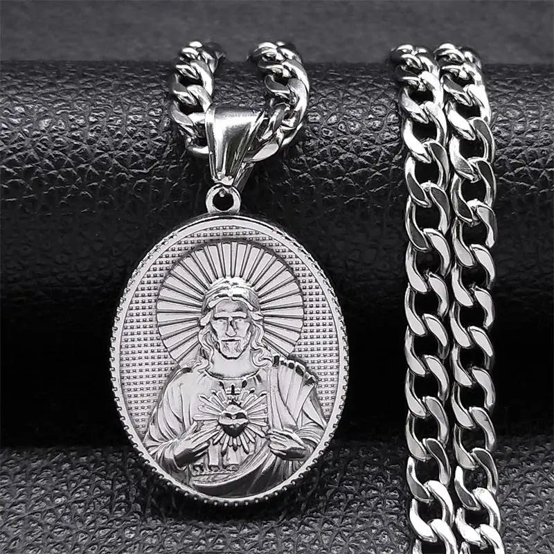 Stainless Steel Cross Jesus Pendant Necklace for Men Gold Color Hip Hop Cuban Chain Religious Crucifix Necklaces Jewelry NZZ470S