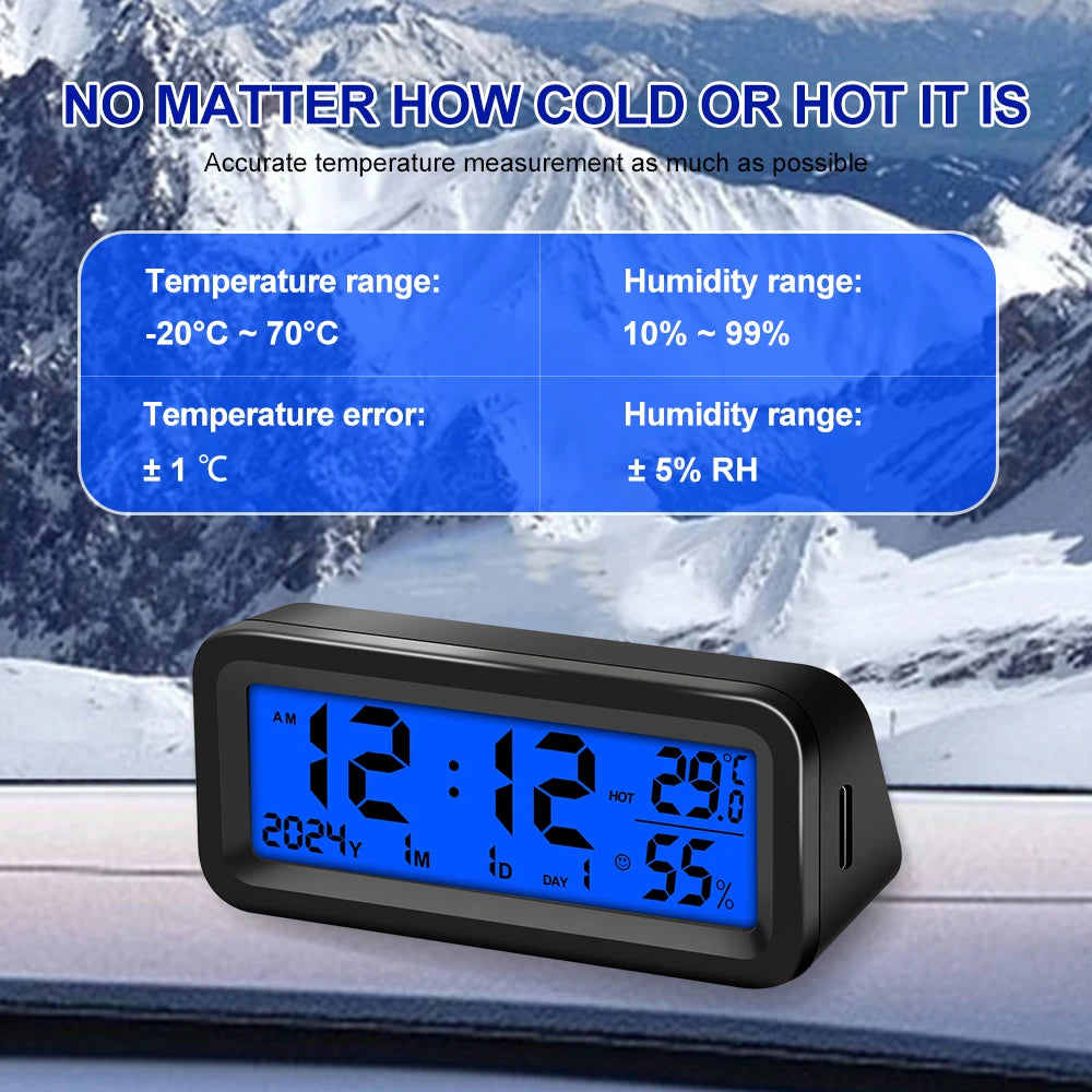 Solar Car Digital Clock Date Week Temperature Humidity LCD Backlit Display for Dashboard Car Clock Automobiles Internal Stick-On