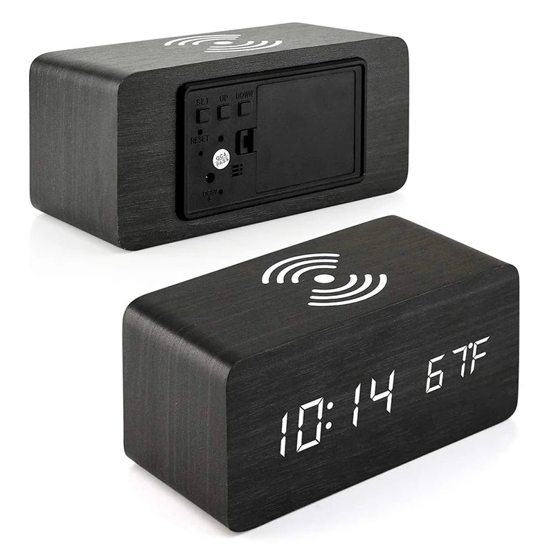 Wooden Digital Alarm Clock with Wireless Charging, LED Clock with Time, Date,Temperature, Desk Clocks for Office,Bedside Clock
