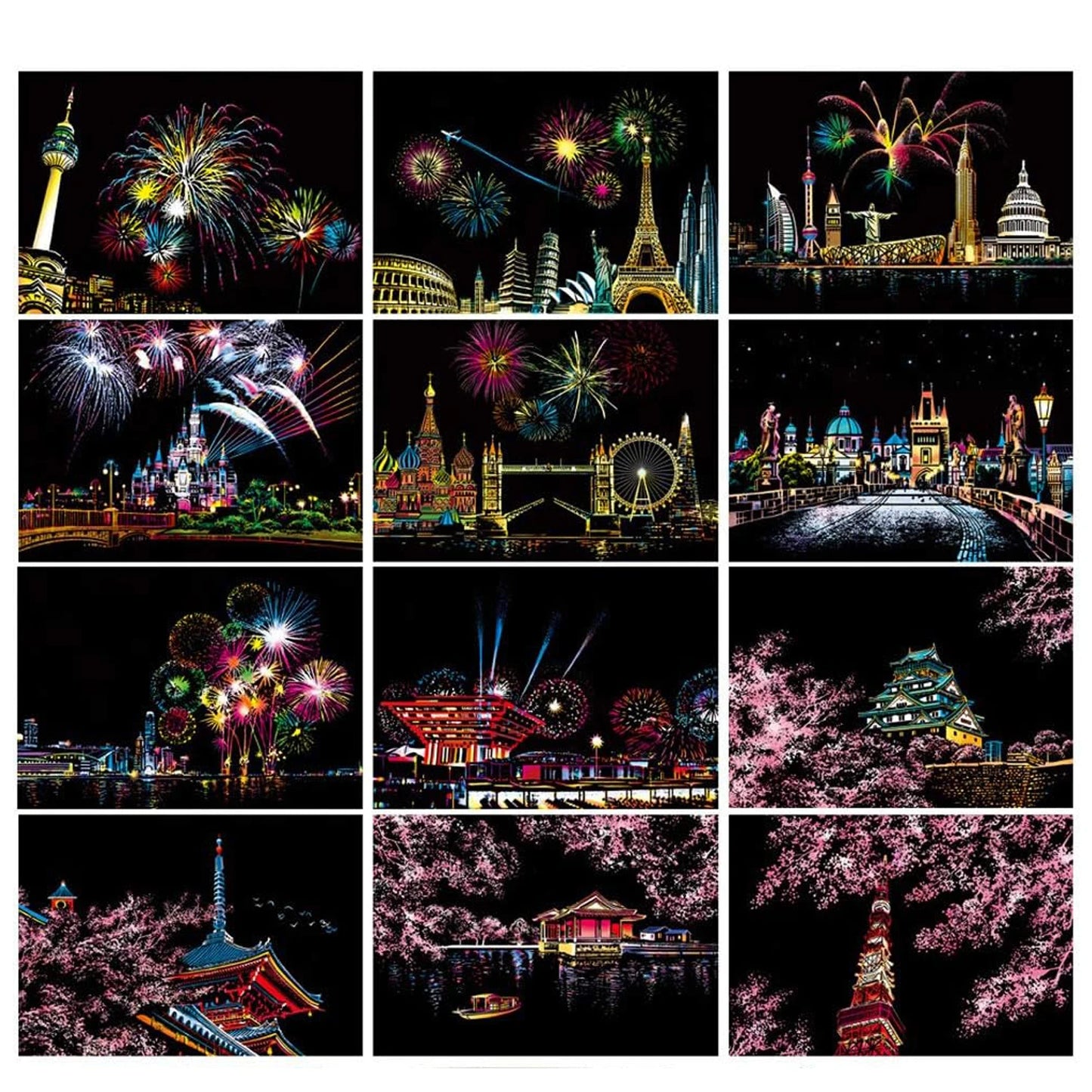 Night Scene Scratch Art Urban Landscape Architecture Clip Art 4PCS Postcard Style Colorful Scratch Art Cool And Colorful Scratch
