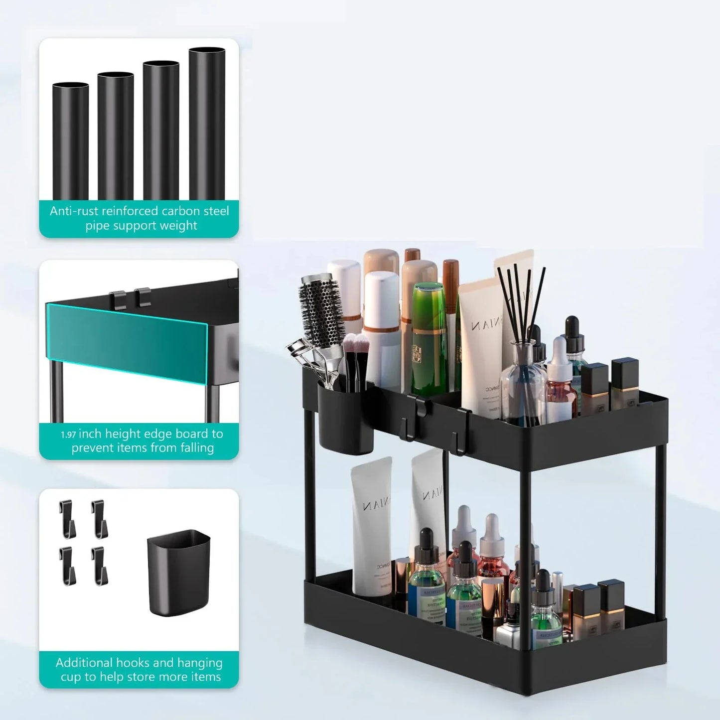 Organization and storage under the sewer, kitchen finishing rack with double sliding drawers, multifunctional storage rack shelf