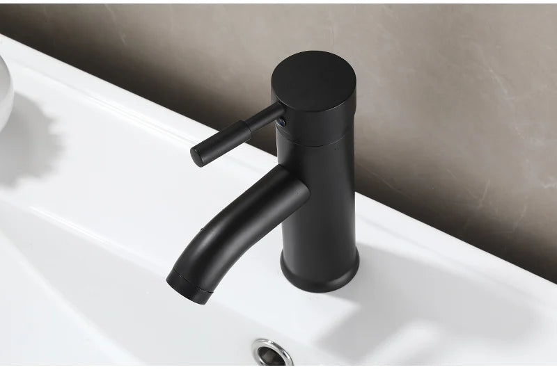 Black Minimalist Style Bathroom Faucet Hot Cold Water Sink Mixer Tap Stainless Steel Basin Faucets