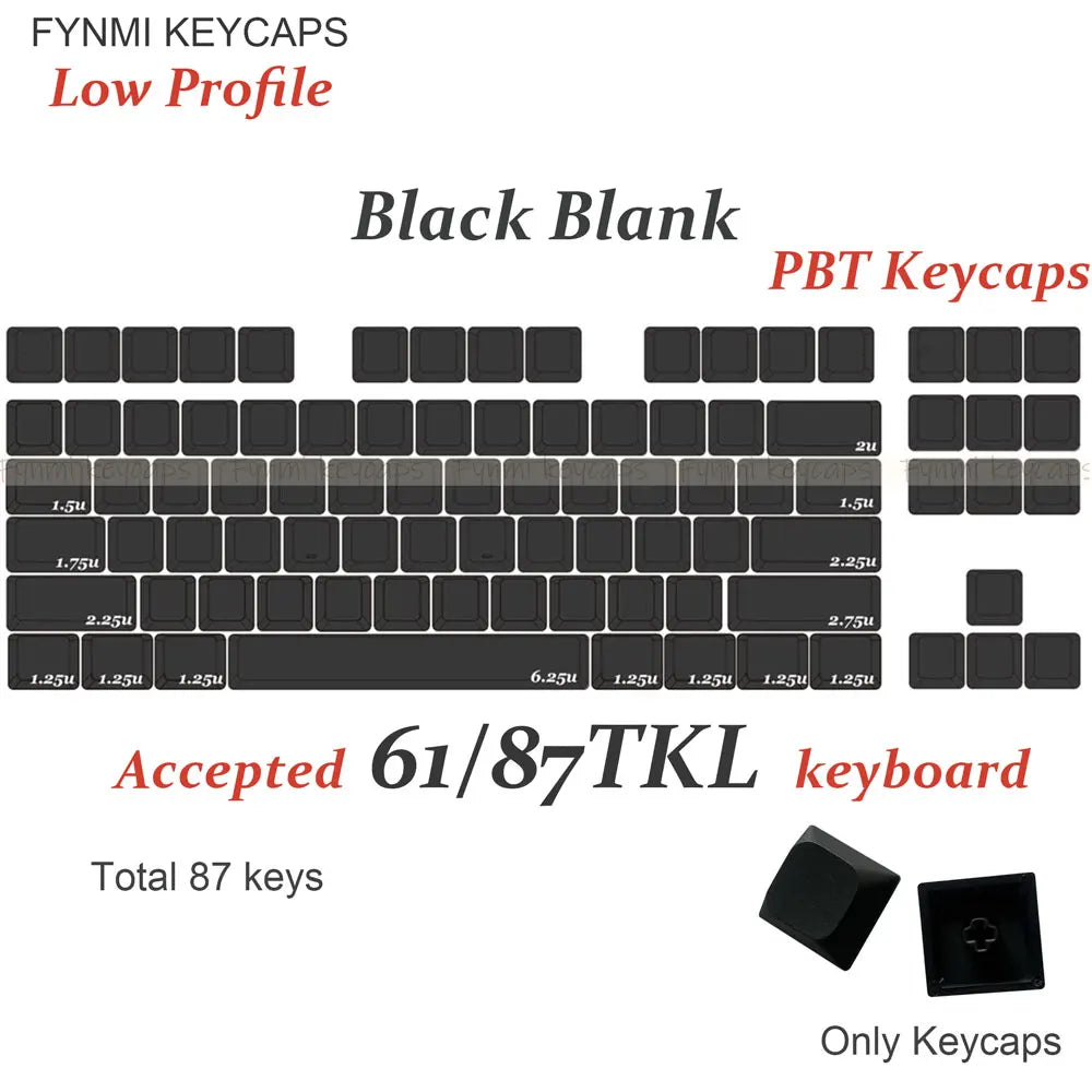Fynmi Blank Black Low Profile Original PBT keycaps ANSI 61 keys to 116 keys Dye-Sublimation keycaps for Mechanical Keyboard