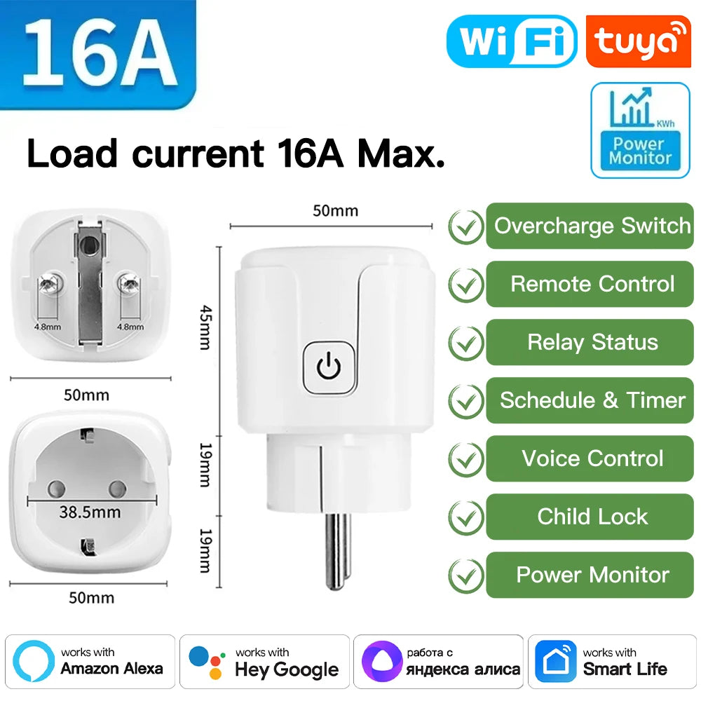 TNCE Tuya Smart Home Socket WiFi/Zigbee 16/20A EU Plug Outlet Remote Control Timer Power Monitor Support Voice Google Home Alexa