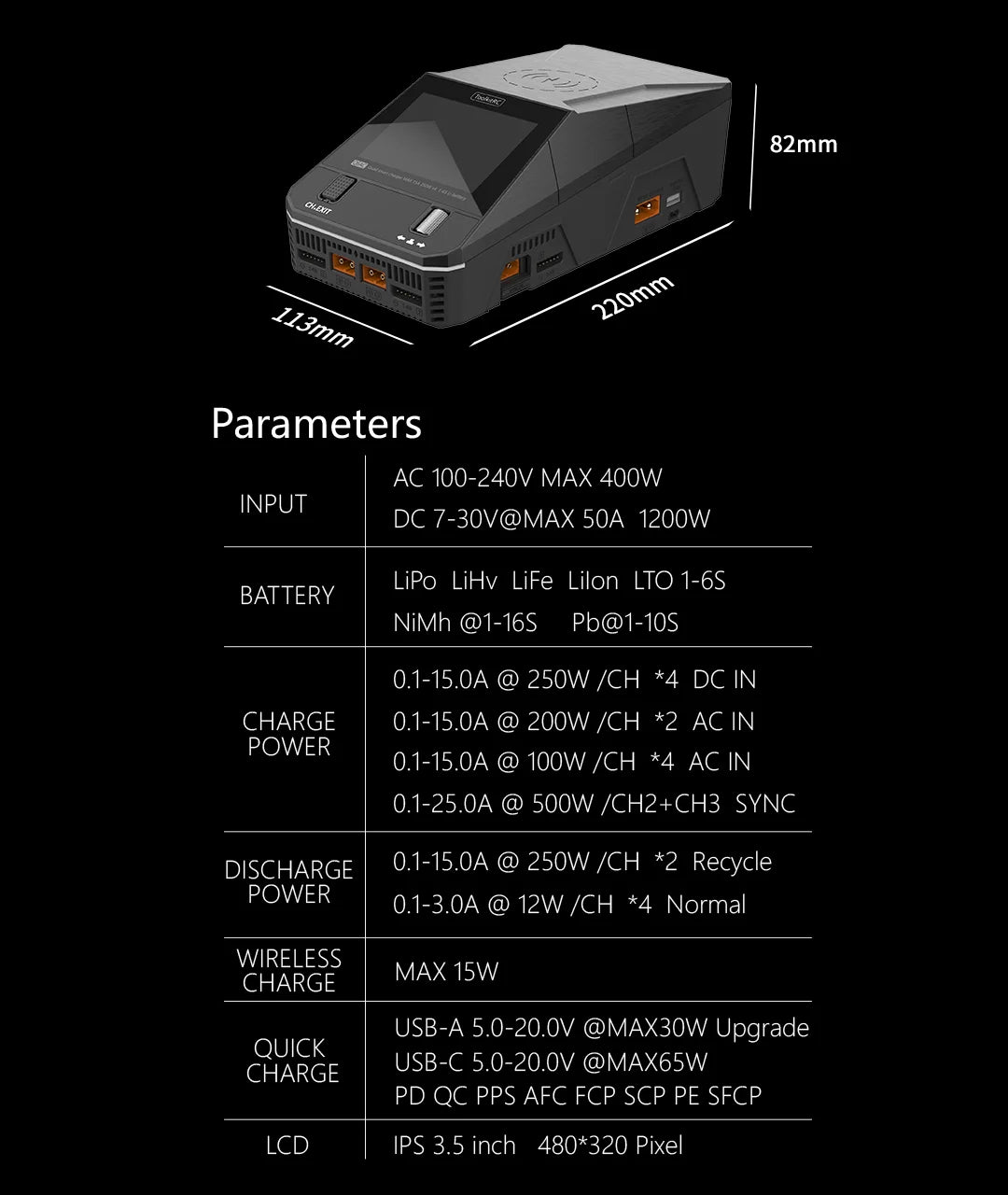 NEW ToolkitRC Q6AC Charger AC 400W/DC 1000W 4CH output Built-in 65W USB A/TYPEC Output ,LiPo, 1-6S,NiMH 1-16S,PB 1-10S Charger