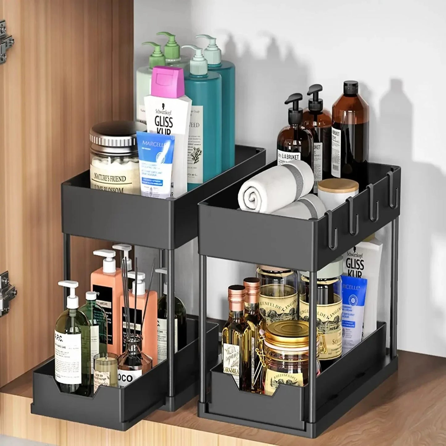 Organization and storage under the sewer, kitchen finishing rack with double sliding drawers, multifunctional storage rack shelf