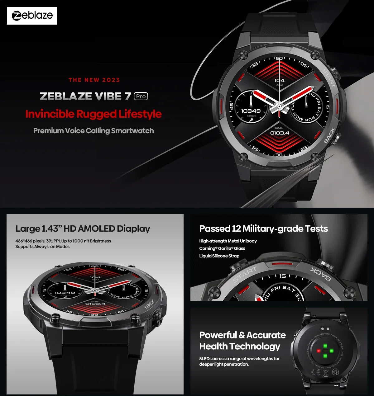 Zeblaze VIBE 7 PRO Smart Watch 1.43'' AMOLED Display Make/Receive Phone Calls Health Management Sports Smartwatch for Men