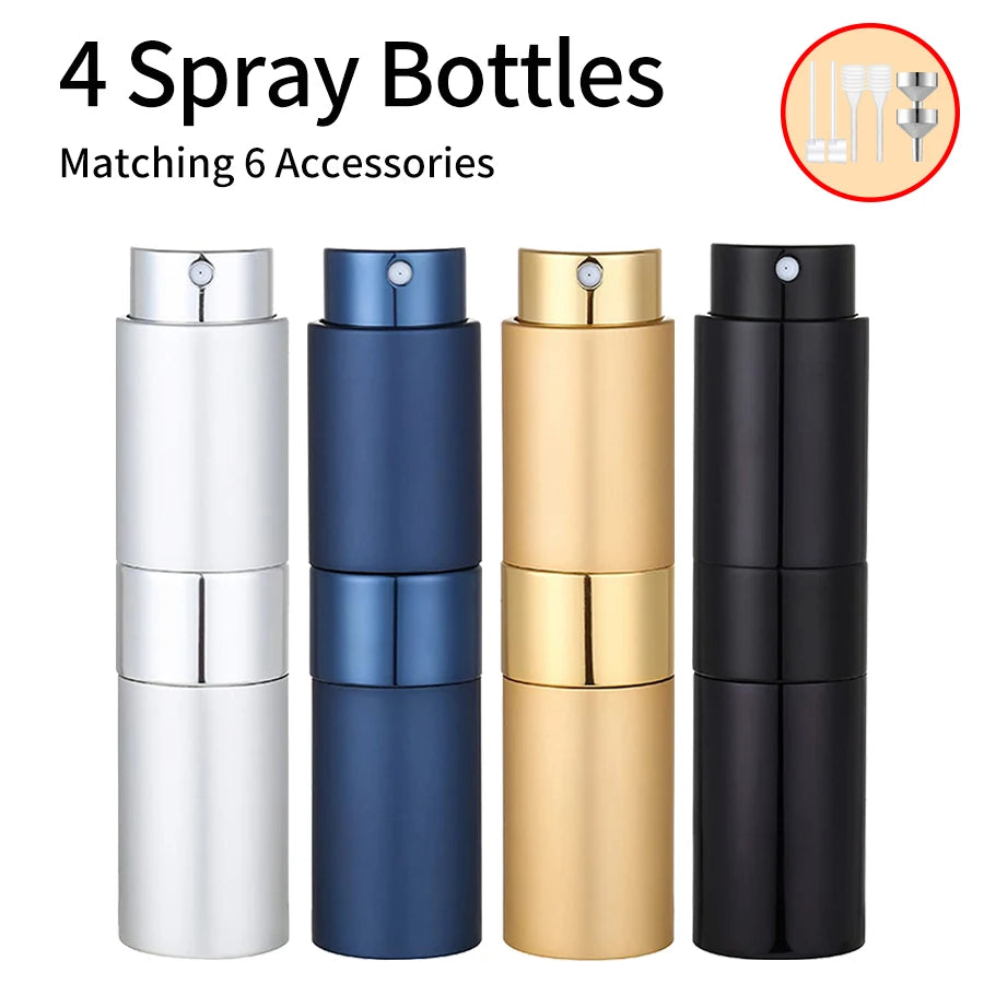 4PCS+6 Accessories Perfume Atomizer Refillable with 5 Spray Bottles, 2 Aluminum Funnel, 2 Dispensing Shenanigans, 2 Spring Straw