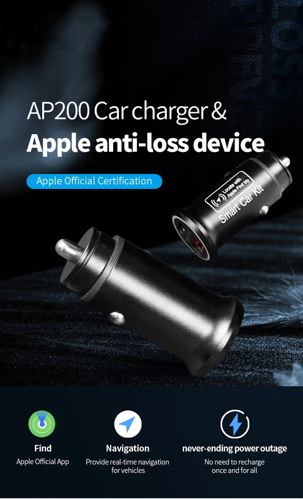 2Types 2 in 1 Mini GPS Car Tracker & Car Charger Real Time Tracking Anti-Theft Anti-lost Locator Support Apple Find My APP