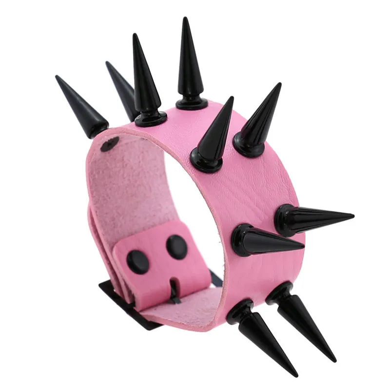 Pink Color Female Wide Leather Bracelets Punk Braided Bracelet for Men Women Wristband Charm Bracelets Male Gothic Jewelry