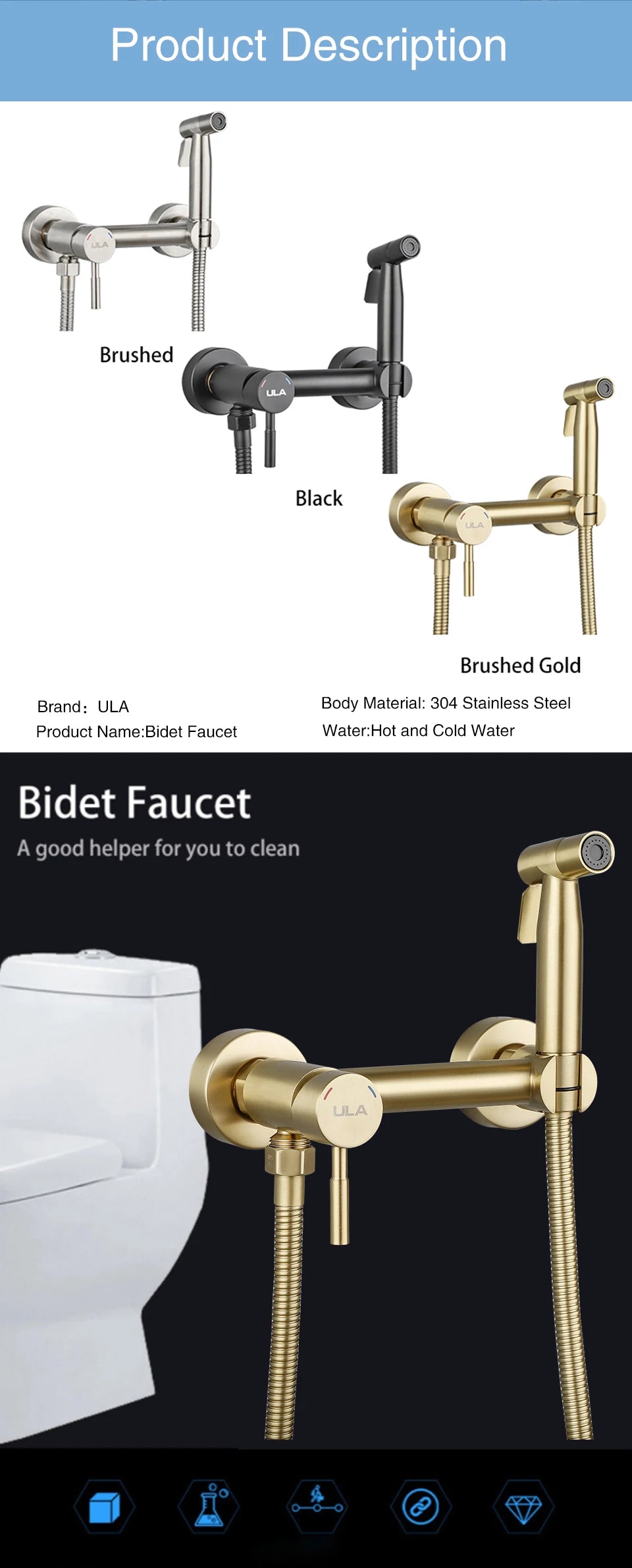 ULA Gold Bidet Faucet Toilet Faucet Stainless Steel Handheld Bidet Sprayer Set Cold Hot Water Mixer Crane Bathroom Shower Head
