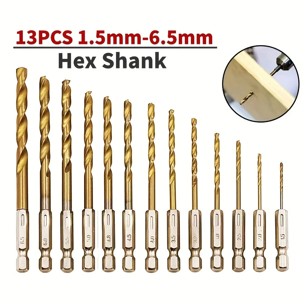 Hexagonal handle 13pc Titanium Twists drill 1.5-6.5mm electric drill screwdriver drilling reaming drill tool