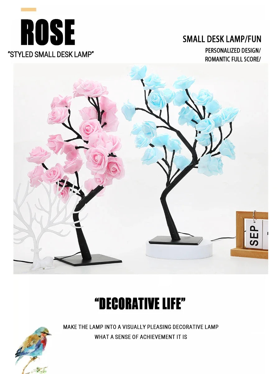 LED Rose Tree Desk Lamp USB Powered Artificial Flower Night Light Bedroom Living Room Party Wedding Valentine's Day Decoration