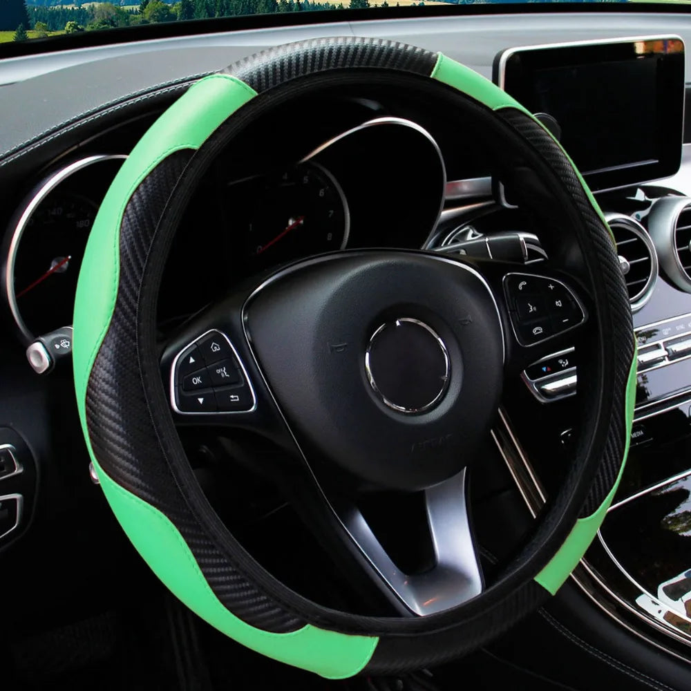 PU Carbon Fiber Leather Car Steering Wheel Cover Without Inner Ring Universal Suitable for 14.5-15 Inches of Automotive Supplies