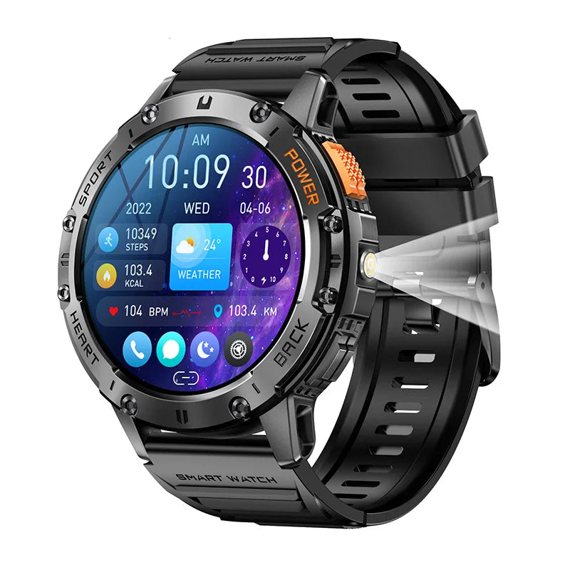 New Smart Watch Men Outdoor 530mAh Large Battery Bluetooth Call Sport Fitness Bracelet AMOLED Screen Flashlight Smartwatch