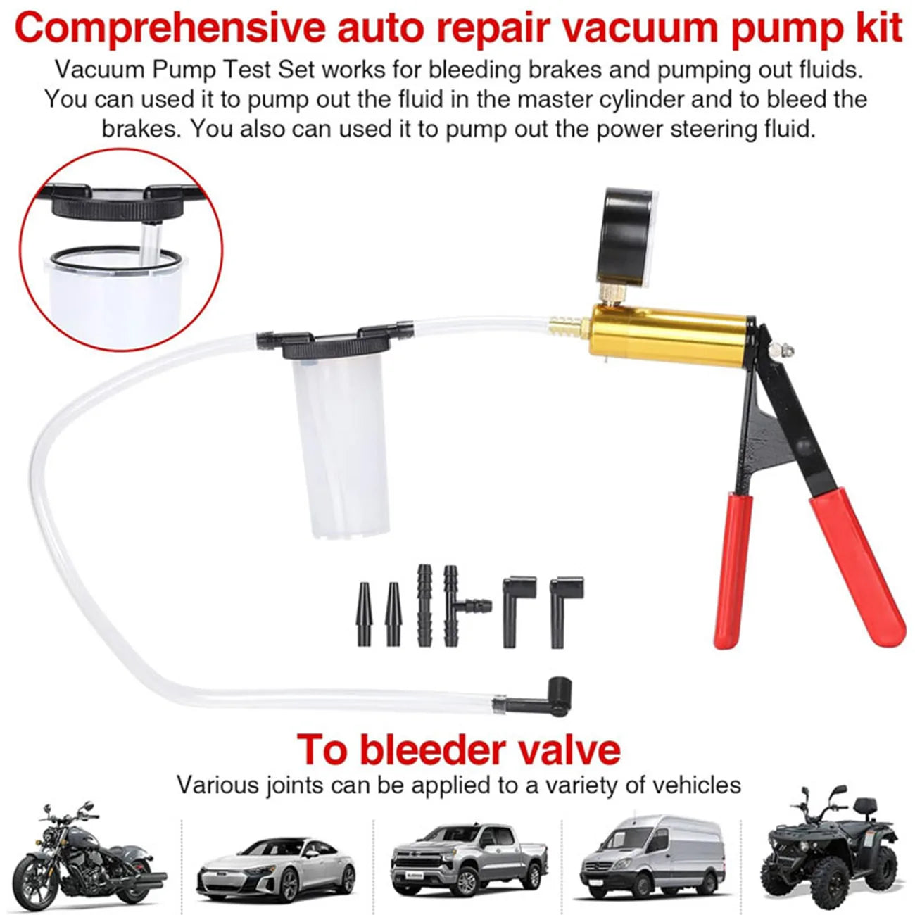 2 in 1 Brake Bleeder THand Held Vacuum Pump Test Vacuum Purge Coolant Refill Tool Gauge Adapters Auto Brake Fluid Bleeding Set