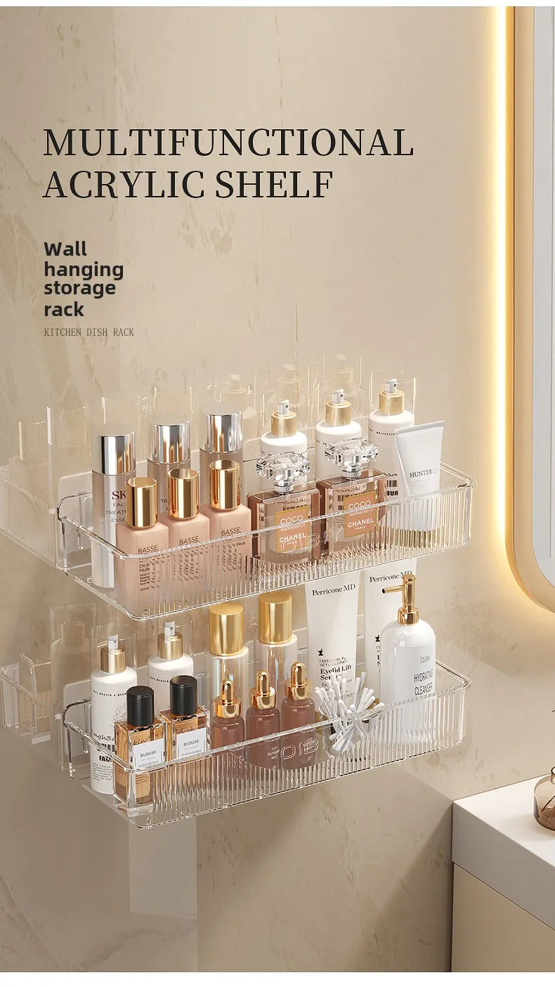 Wall mounted cosmetic and skincare storage rack for bathroom no need for drilling Multi functional kitchebathroom storage rackra