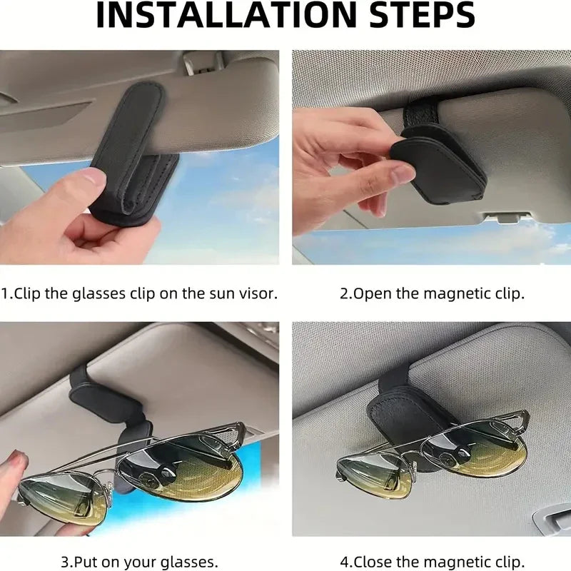 Car Sunglasses Mount Ticket Card Sun Visor Sunglasses Holder Glasses Case Magnetic Clip Leather Eyeglasses Clip Car Accessories