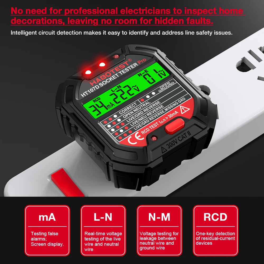 HABOTEST HT107 Socket Tester Pro Voltage Test RCD 5/30mA Socket Detector Ground Zero Line Plug Polarity Phase Check