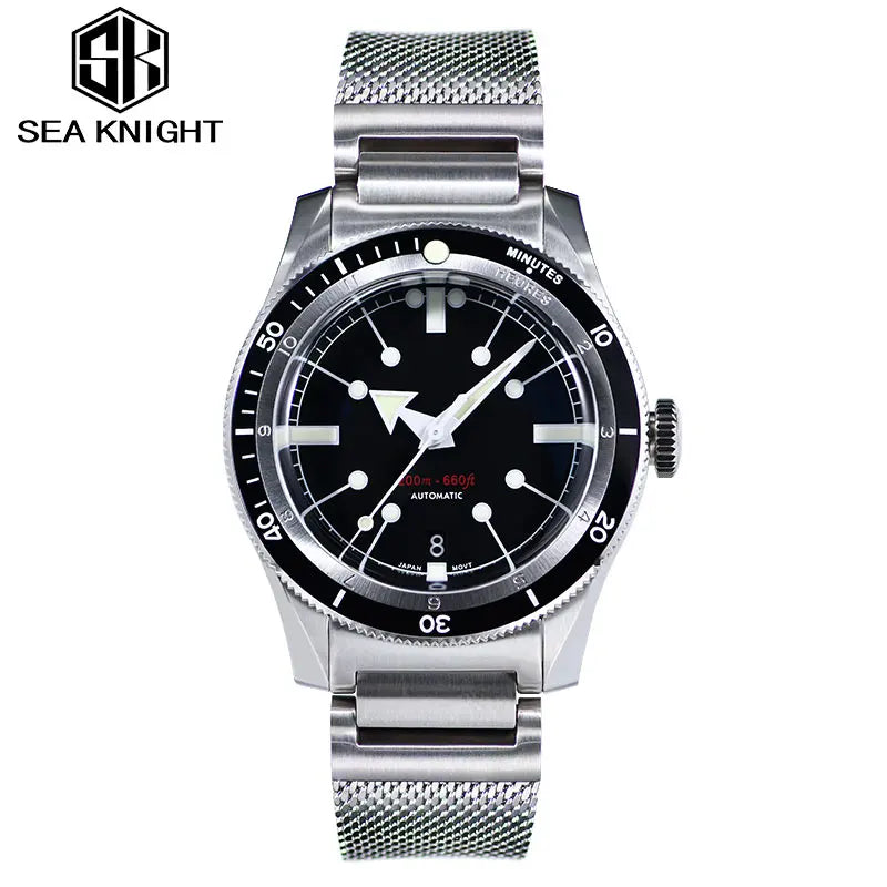 SEA KNIGHT Men Diving Watch 200M Waterproof C3 Luminous 316L Steel Mesh Belt Sapphire Crystal NH35A Automatic Mechanical Watch
