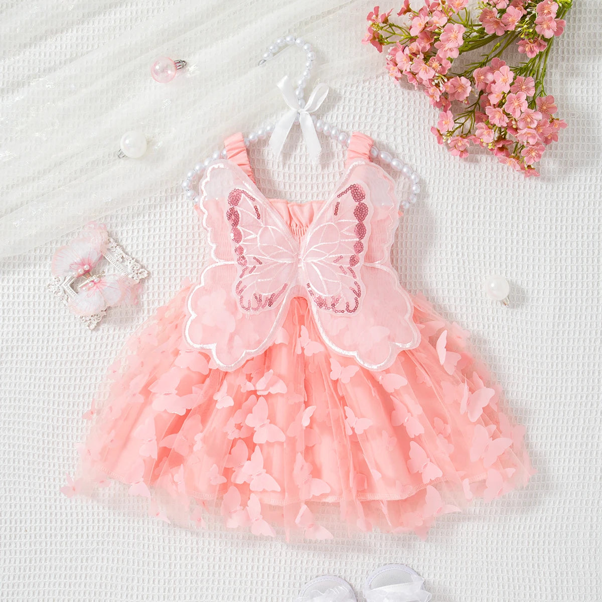 Summer New Baby Girl Suspender Dress Solid Color Butterfly Wing Gauze Dress Children's Birthday Party Dress