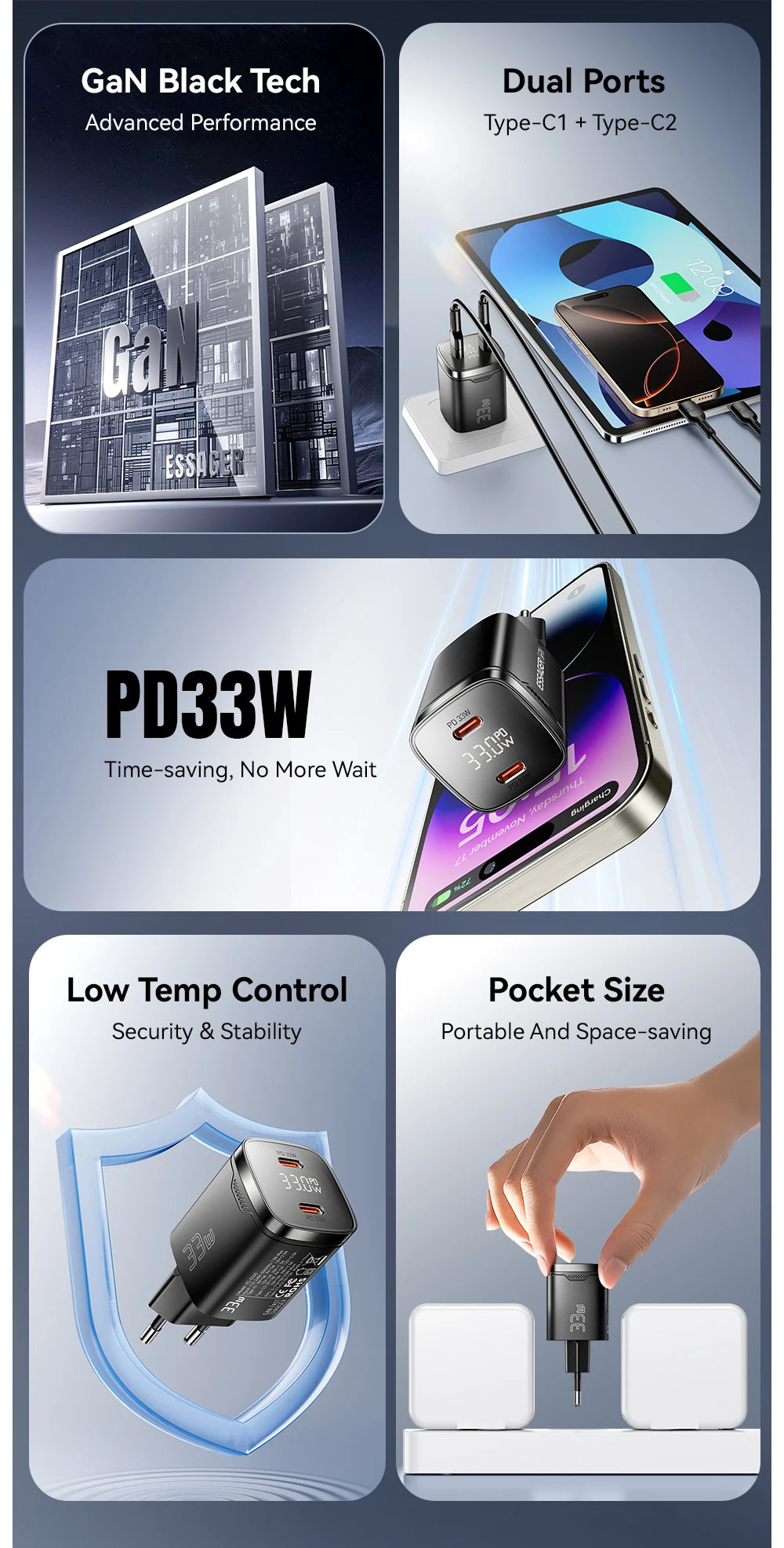 Essager 33W GaN USB C Charger Digital Display PD Fast Charging For iPhone 13 12 Max Pro iPad For Xiaomi Poco Samsung Charger Es