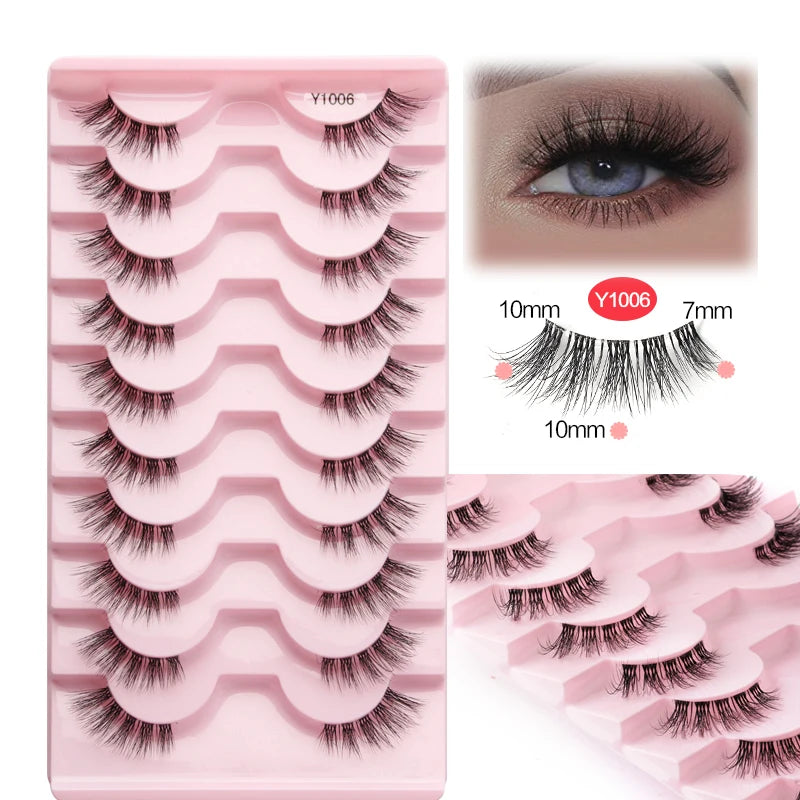 3/5/10Pairs Half False Lashes Natural Short 3D Cat Fake Mink Eyelashes Extension Winged Fluffy Wispy Faux Cils Clear Band Makeup
