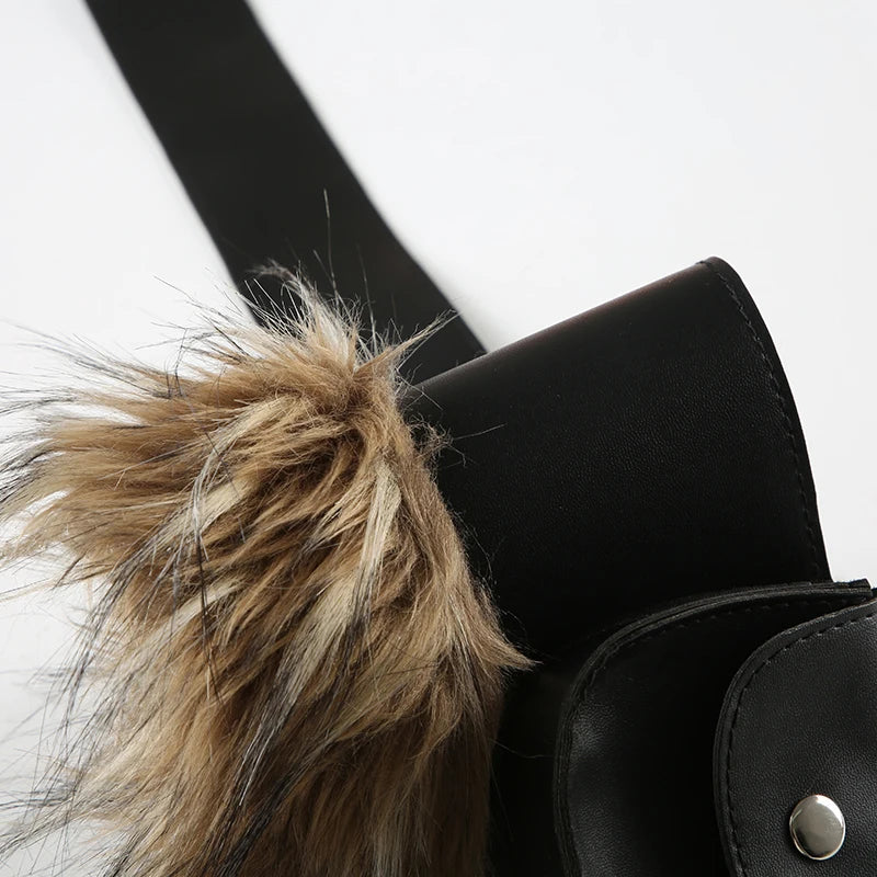 SUCHCUTE Vintage Faux Fur Patchwork Pu Leather Belt Punk Western Cowboy Accessories Y2K Women's Waistband Retro 2000s Decorative