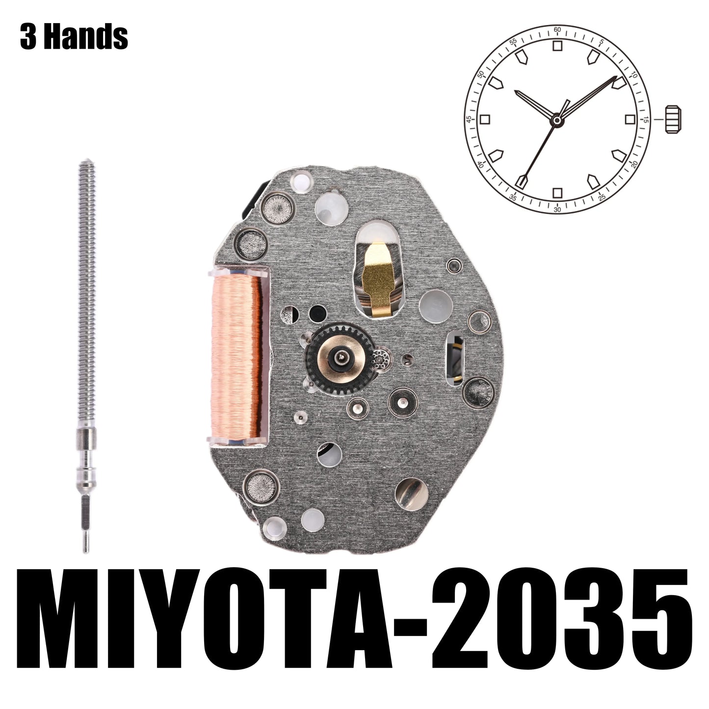 Miyota 2035 Standard|Quartz Movements White 3 Hands Size:6 3/4×8''' Heigh:3.15mm -YOUR ENGINE- Metal movement made in Japan.