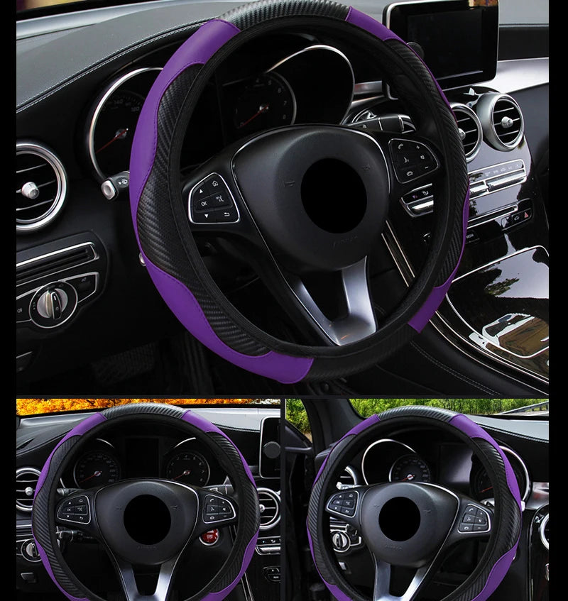 Car accessories Carbon Fiber PU Leather Steering Wheel Cover for Hyundai I10 Peugeot 2008 Dacia Sandero Stepway