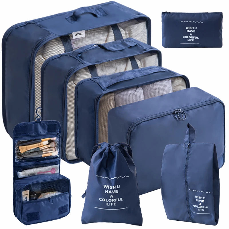 8pcs Travel Packing Cubes Set - Portable Mesh Clothes Storage Bag and Luggage Organizer with Shoes Bag - Essential Travel Access