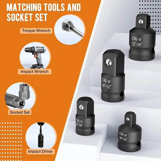 4/6/8/10 Impact Socket Wrench Adapter Set Professional 1/4 3/8 1/2 3/4 Inch Square Drive Adaptor Reducer Spanner Tool with Case