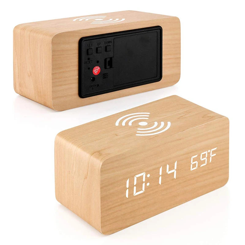 Wooden Digital Alarm Clock with Wireless Charging, LED Clock with Time, Date,Temperature, Desk Clocks for Office,Bedside Clock