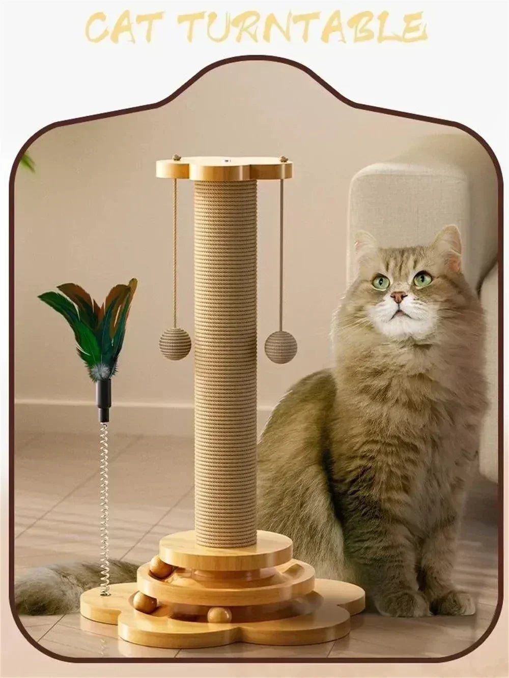 Durable Sisal Cat Scratcher Turntable with Funny Stick Balls Solid Wood Cat Toy Scratching Board Pet Supplies Climbing Frame