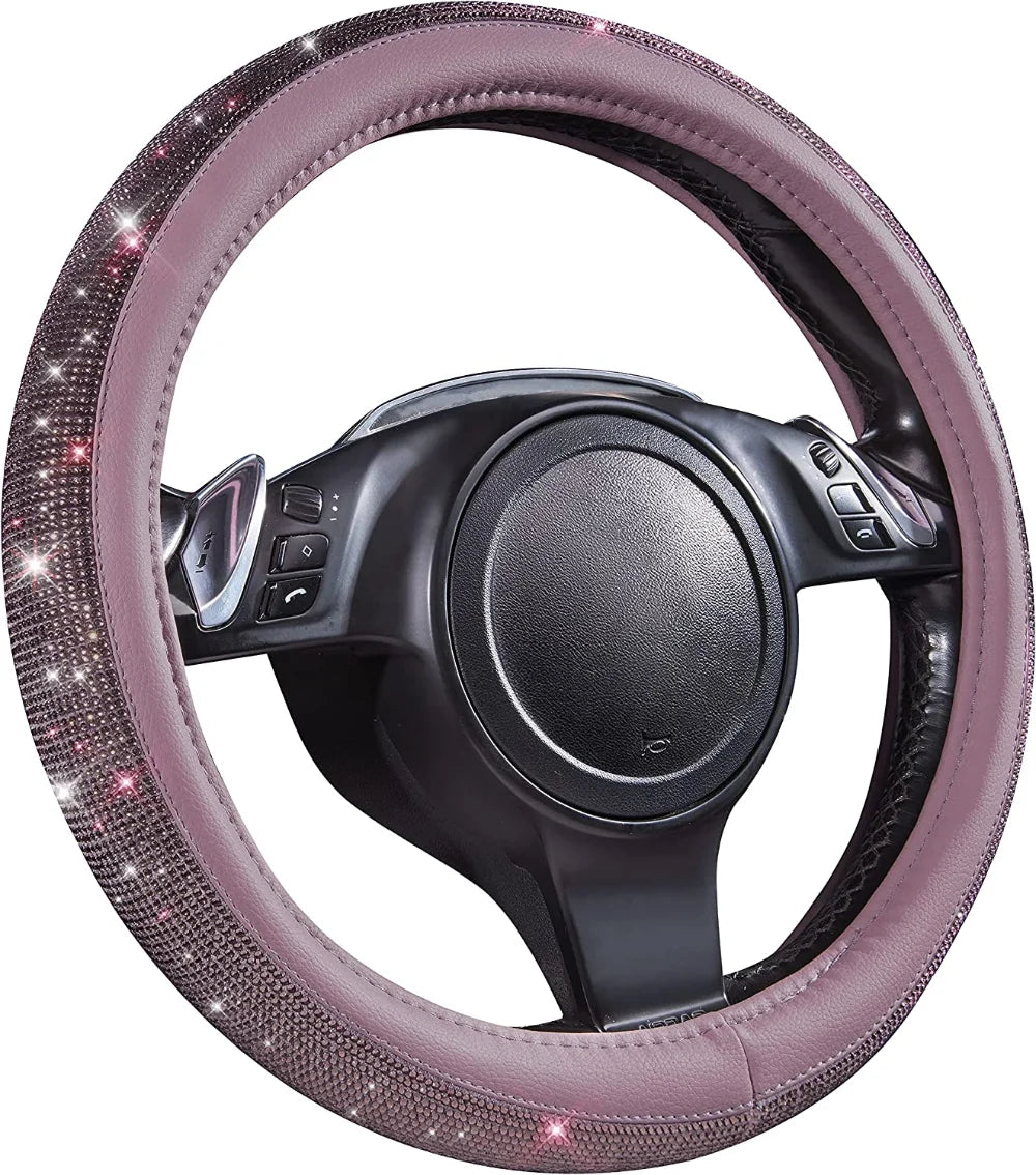 38cm CAR PASS Red Diamond Black Leather Steering Wheel Cover With Bling Crystal Rhinestones Universal