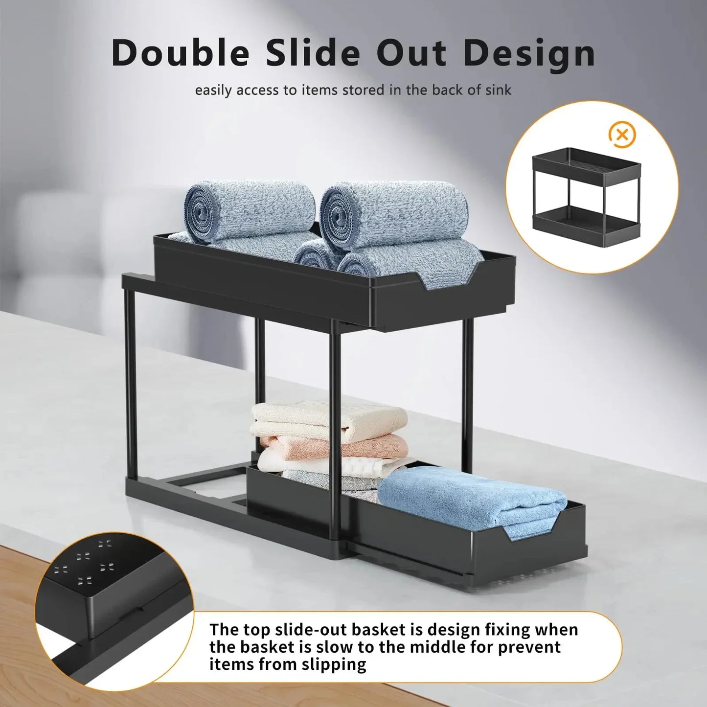 Organization and storage under the sewer, kitchen finishing rack with double sliding drawers, multifunctional storage rack shelf