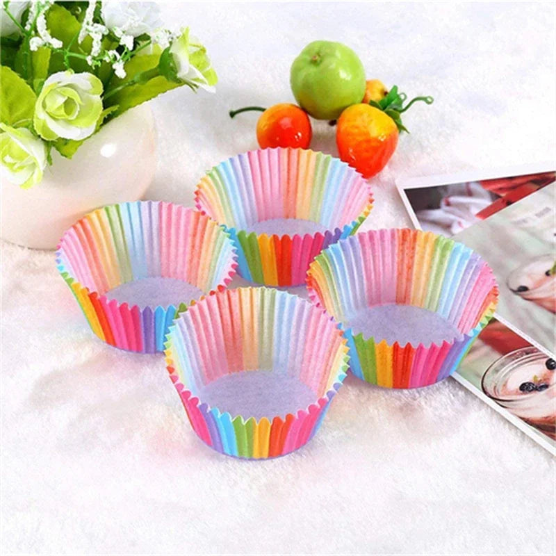 100pcs Cupcake Paper Cups Baking Molds Rainbow Liner Cupcake Muffin Cases Paper Cake Wedding Party Decorating Cupcake Cases