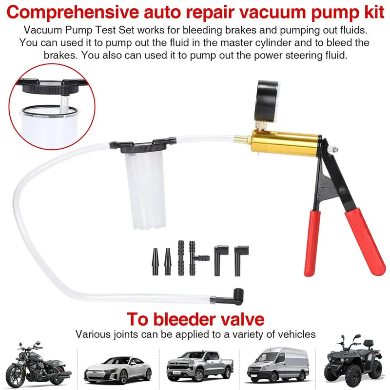 2 in 1 Brake Bleeder THand Held Vacuum Pump Test Vacuum Purge Coolant Refill Tool Gauge Adapters Auto Brake Fluid Bleeding Set