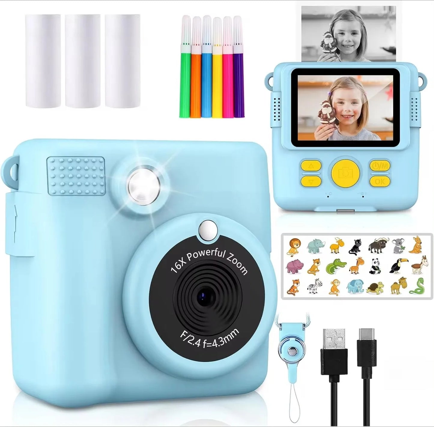 Portable Instant Print Camera for Kids - 1080P HD Video Camera with 3 Rolls Photo Paper and 32GB Card, Perfect Toy for Toddlers