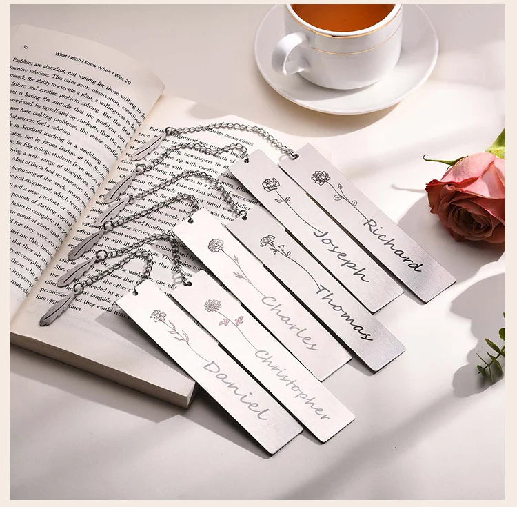 Personalized Birth Flower Bookmark With Name Text, Stainless Steel Customized Bar Birthday Gift For Women Daughter Sister Friend