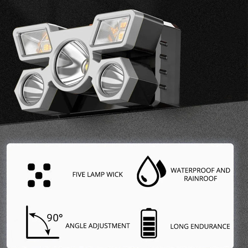 Outdoor High brightness 5LED Headset flashlight Outdoor household portable USB rechargeable Fishing miner lamp Strong headlight