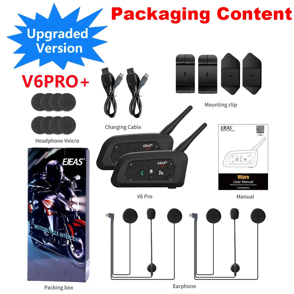 EJEAS V6 PRO+ Motorcycle Helmet Intercom Bluetooth Headset 6 Riders Communicator Waterproof V5.1 Music Player 800m Interphone
