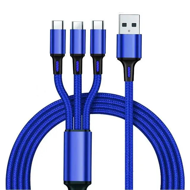 2.4A Braided One Drag Three USB-A For Apple Android Type-c/USB-C Fast Charging Cable 1.2m 3in1 Black Silver Red Blue Golden