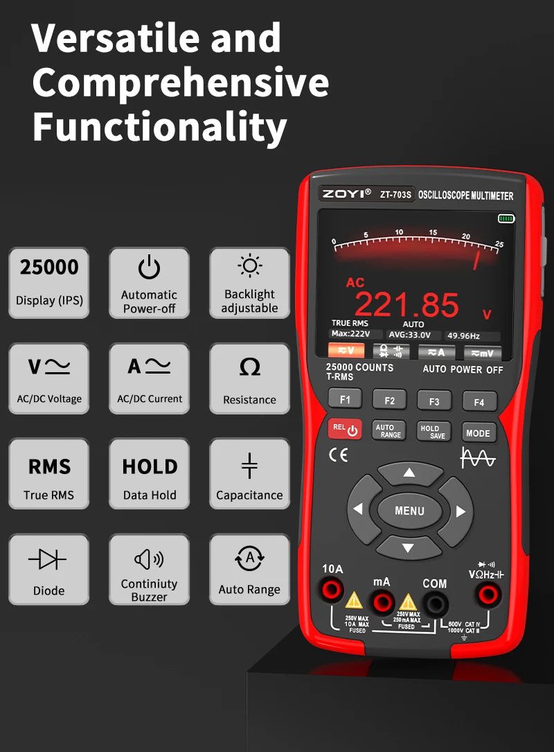 ZOYI ZT-703S 3-in-1 Oscilloscope Multimeter with 3.5 Inch IPS Display,25000 Counts, Dual Channel 50MHZ Bandwidth,280MSa/s High