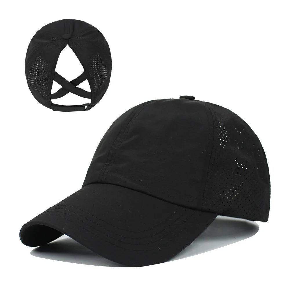 Summer Solid Color Baseball Cap Women's Athleisure Cross Ponytail Hat Mesh Quick-Drying Cap Visor Hat