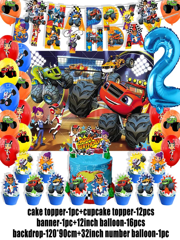 Blaze Monster Machines Theme Birthday Party Supplies Decor Cartoon Truck Balloon Banner Backdrops Cupcake Topper for Kids Gifts