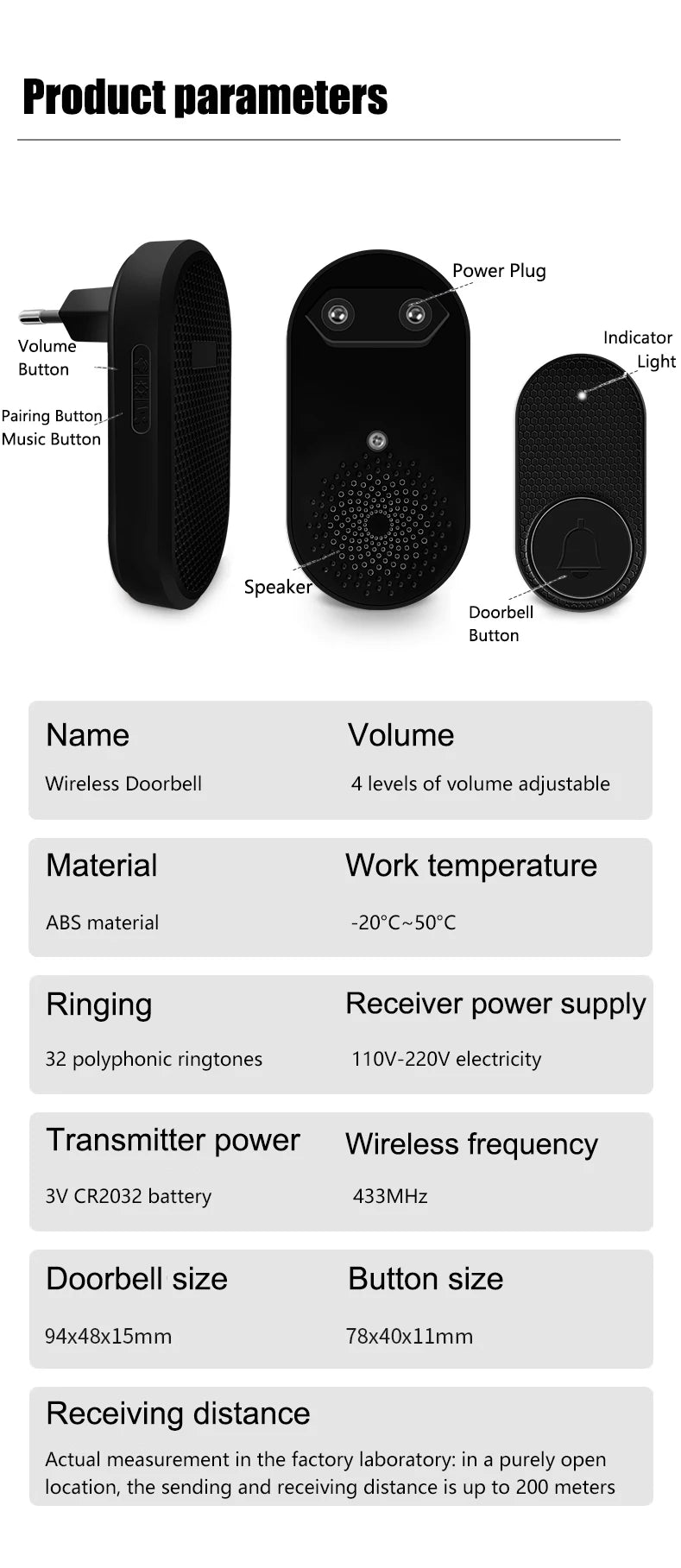 Wireless Doorbell Home Welcome Smart Door bell Sets Home Outdoor Kinetic Ring Chime Doorbell 32 Songs Melodies Sound